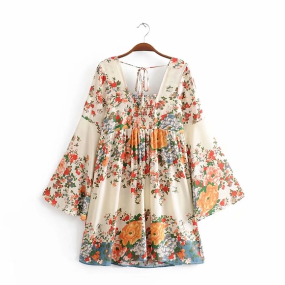 Boho Orange Floral Print Wide Sleeve Smocked Dress - Picture 3 of 5